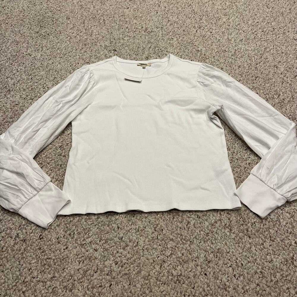 NWT Madewell Ribbed Puff Sleeve Top Sz XL White Peasant Preppy Casual